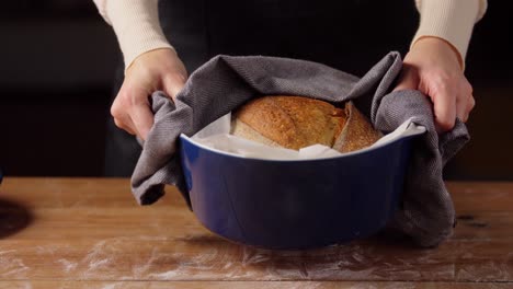 Female-Baker-with-Bread-in-Baking-Dish-at-Bakery.food,-cooking-and-people-concept-–-female-baker-with-loaf-of-bread-in-baking-dish-at-bakery-or-kitchen