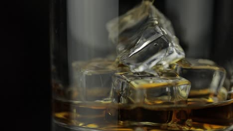 Pouring-alcohol-drink-whiskey,-cognac-into-glass-with-ice-cubes.-Slow-motion