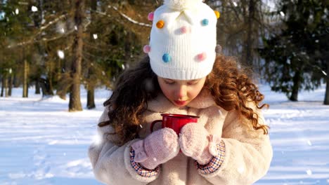 Niña-Con-Una-Taza-De-Té-Caliente-En-El-Parque-De-Invierno.-Concepto-De-Infancia,-Ocio-Y-Temporada:-Niña-Feliz-Con-Una-Taza-De-Té-Caliente-En-El-Parque-De-Invierno-Mientras-Cae-La-Nieve