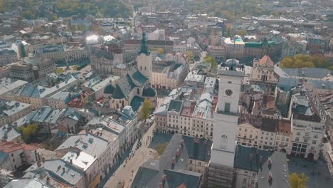 Aerial-City-Lviv,-Ukraine.-European-City.-Popular-areas-of-the-city.-Town-Hall