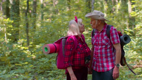 Senior-old-grandmother-grandfather-tourists-enjoying-walking,-hiking-with-backpacks-in-summer-wood