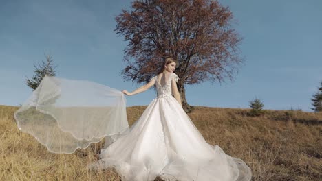 Schöne-Und-Reizende-Braut-Im-Hochzeitskleid-In-Der-Nähe-Von-Schönen-Herbstbaum