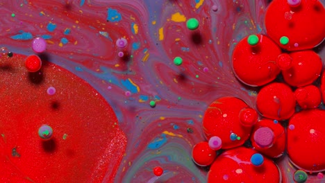 Macro-structure-of-multicolored-water-paint-oil-bubbles-movement,-bright-colorful-acrylic-painting