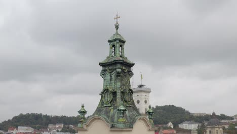 Aerial-drone-video-panorama-of-Latin-Cathedral-in-city-Lviv,-Ukraine,-flight-above-roofs,-streets