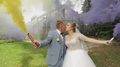 Newlyweds.-Caucasian-groom-with-bride-in-the-park.-Wedding-couple.-Smoke-bombs