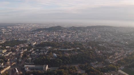 Aerial-Drone-Video-of-European-City-Lviv,-Ukraine,-Rynok-Square,-Central-Town-Hall,-Dominican-Church