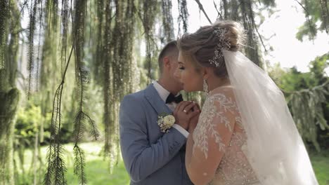 Newlyweds.-Caucasian-groom-with-bride-in-the-park.-Wedding-couple.-Happy-family