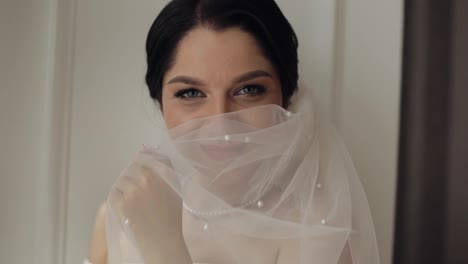 Bride-in-boudoir-dress-under-veil-and-in-a-silk-robe,-wedding-morning-preparations-before-ceremony