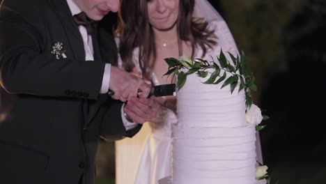 Newlyweds-cut-the-wedding-cake,-lovely-bride-and-groom-couple-cutting-dessert-with-a-knife-outdoors