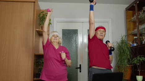 Elderly-man-woman-doing-fitness-exercises-starting-live-stream,-vlog,-blog,-online-distance-course