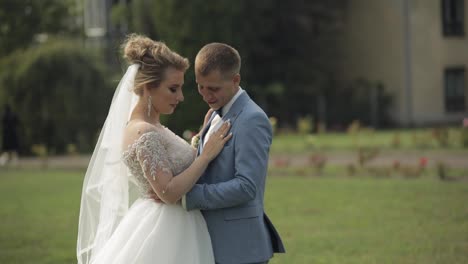 Newlyweds.-Caucasian-groom-with-bride-in-the-park.-Wedding-couple.-Happy-family