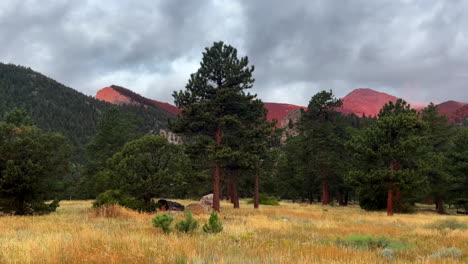 Colorado-summer-pink-sunset-Staunton-State-Park-Rocky-Mountains-Pikes-peak-hike-bike-horse-ride-trail-Bugling-Elk-Falls-trail-Bailey-Conifer-Evergreen-scenic-landscape-slow-pan-right