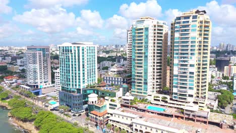 Malecon-Center-Buildings-In-Santo-Domingo,-Dominican-Republic---Aerial-Drone-Shot