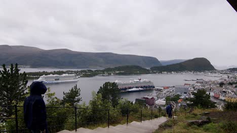 Person,-Die-Einen-Hügel-Hinaufgeht-Und-Den-Hafen-Von-Ålesund-Mit-Kreuzfahrtschiffen-Und-Malerischen-Bergen-überblickt