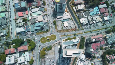 Victoria-Island-Lagos,-Nigeria---24-June-2021:-Drone-view-of-major-roads-and-traffic-in-Victoria-Island-Lagos-showing-the-cityscape,-offices-and-residential-buildings