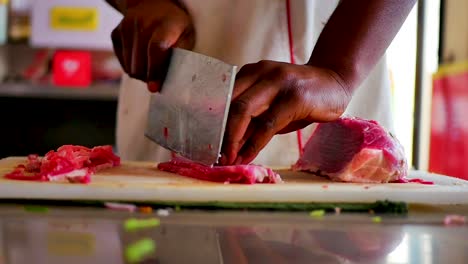 Red-Meat-Being-Cut-Up-by-African-American-Chef