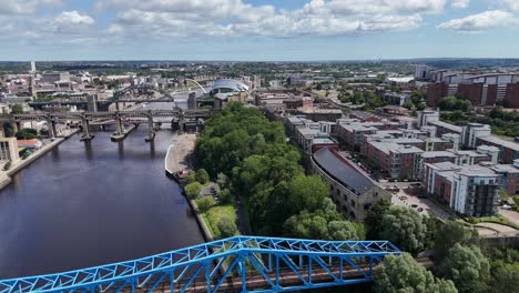 Drone-Aerial-View-Footage-Newcastle-Upon-Tyne-City-Tyneside-Geordie-North-East-England-UK-Gateshead-Bridge