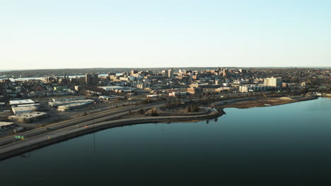 Aerial-of-Portland-Maine-Skyline-from-Back-Bay-Cove-during-morning-sunrise