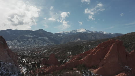 Luftaufnahme-Von-Links-Nach-Rechts-über-Rote-Felsen,-Pikes-Peak-Im-Hintergrund