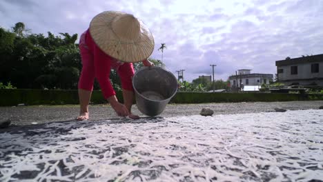 Asiatische-Bäuerin-Legt-Streifen-Meerrettich-Zum-Trocknen-In-Die-Sonne