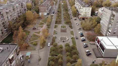 Aerial-dolly-in-downtown-industrial-city-of-Bratsk-in-Russia-in-Autumn