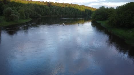 Group-of-people-paddleboarding-on-river-during-sunset,-aerial-drone-view