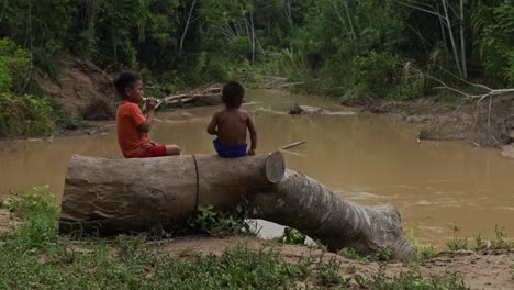 Dos-Niños-De-Un-Pueblo-Brasileño-Se-Sientan-En-Un-Tronco-Junto-Al-Río.