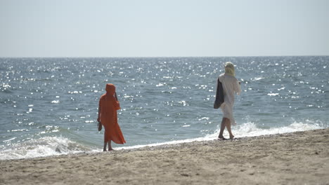 Vista-Trasera-De-Dos-Personas-Caminando-Por-La-Playa-En-Un-Día-Soleado-De-Verano.