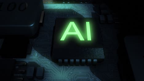 Dark-and-sinister-high-quality-CGI-render-of-an-integrated-circuit-board-featuring-a-green-glowing-AI-chip,-with-a-smooth-clockwise-camera-move-pushing-in-slowly-on-the-central-AI-chip