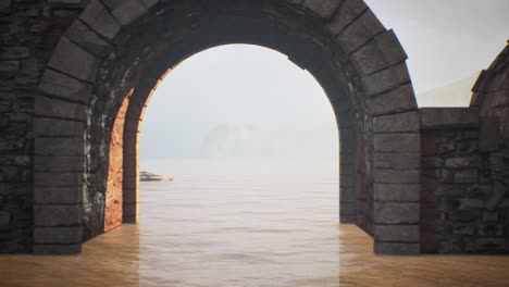 Old-stone-river-bridge-ruins-with-stones,-woods,-and-water,-3D-animation,-camera-dolly-left