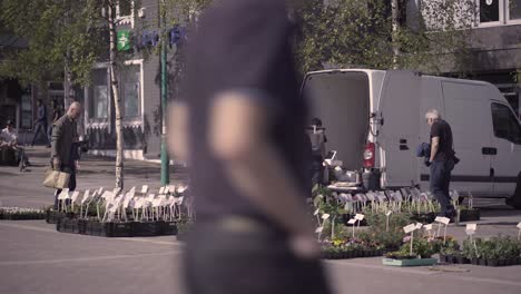 Wide-shot-of-people-buying-fresh-flowers-from-street-market-in-Tromso-during-sunny-day