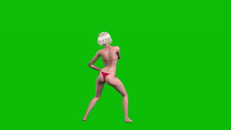 3D-female-character,-woman-with-blond-hair-and-wet-skin,-wearing-red-bikini-swimming-wear-and-sunglasses,-dancing-baam-style-on-green-screen,-3D-animation,-back-view