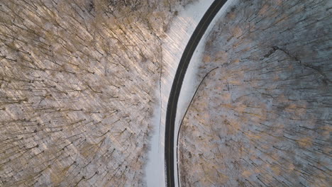 Top-down-view-flying-over-Natchez-Trace-Scenic-Highway-running-through-snowy-deciduous-tree-forest,-Franklin,-Tennessee