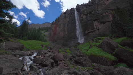 Cloudy-shaded-Telluride-Bridal-Veil-Falls-Waterfall-Black-Bear-Pass-Road-Colorado-landscape-static-mist-spray-Ouray-Ridgway-Box-Canyon-cliffside-hydro-power-house-4wd-hiking-blue-sky-boulders-creek