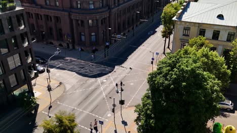 Aerial-view-of-a-quiet-Kaunas-city-intersection-with-minimal-traffic