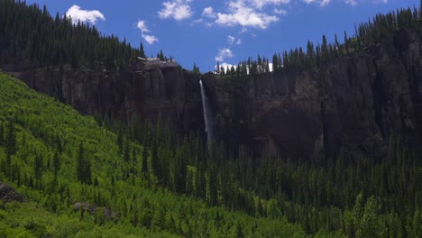 Telluride-Bridal-Veil-Falls-Waterfall-view-mountain-town-Colorado-sunny-landscape-Box-Canyon-cliffside-4wd-hiking-Black-Bear-Pass-Board-blue-sky-USA-pond-swim-powerhouse-summertime-static-shot