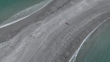 Tourists-walking-across-sandbar-of-Diamond-Island-in-Bicheno-Tasmania,-Australia-aerial-shot