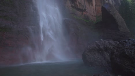 Telluride-close-up-water-Bridal-Veil-Falls-Waterfall-Box-canyon-view-Colorado-landscape-static-shot-slowly-mist-spray-Box-Canyon-cliffside-4wd-hiking-Black-Bear-Pass-Board-sunny-blue-sky-shaded