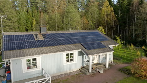 Aerial-view-away-from-a-photovoltaic-system-on-a-house-roof,-autumn-evening