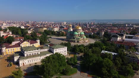 An-areal-cityscape-of-Sofia,-Bulgaria-with-a-focus-on-the-majestic-Saint-Alexander-Nevsky-Cathedral