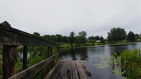 A-weathered-wooden-dock-surrounded-by-tall-grass,-leading-to-a-calm-lake-with-trees-and-houses-in-the-background