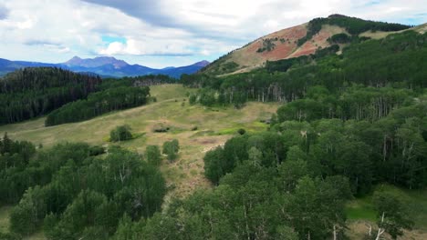 Summer-Rocky-Mountains-Telluride-airport-Colorado-aerial-drone-vista-Ridgway-Last-Dollar-Road-Aspen-Trees-Groove-Forest-green-Ouray-Silverton-San-Juan-Mount-Sneffels-blue-sky-clouds-upward-motion