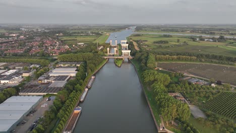 Prinses-Irenesluizen-at-Wijk-bij-Duurstede,-locks-and-sluices-at-the-Amsterdam-Rhine-Canal,-Aerial-view