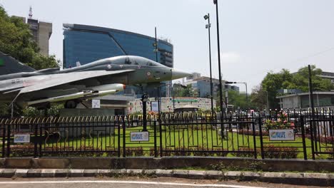 Pan-shot-of-a-display-of-Indian-air-force-fighter-jet-Tejas-on-the-main-road-of-Bengaluru-city