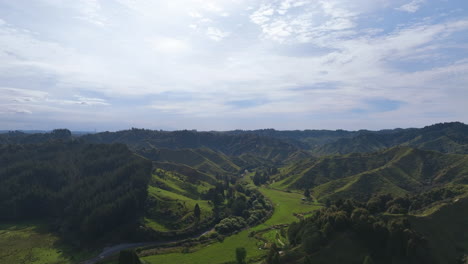 Vista-Aérea-Del-Estrecho-Valle-De-Pohokura,-Taranaki,-Sobre-Ricos-Prados-Verdes,-Bosques-Limítrofes-Y-Fértiles-Colinas-Onduladas,-Aotearoa,-Nueva-Zelanda