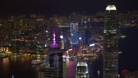 Hong-Kong-Victoria-Harbour-Closeup-View-of-Tsim-Sha-Tsui-Cityscape-Night-Timelapse-of-City-Lights-and-Skyscrapers