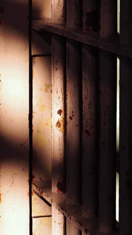 Vertical-View,-Alcatraz-Prison-Detail,-Sun-Shines-on-Metal-Bars-of-Prison-Cell,-Close-Up