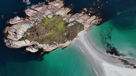 Diamond-Island-with-sandbar-towards-beach-during-daytime,-aerial-top-down-view