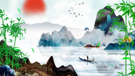 Chinese-style-color-ink-landscape-bamboo-animation-material-background-of-beautiful-morning-sky,-mountains,-flowers,-lake,-ancient-house-with-simple-animation-in-Japanese-anime-watercolour-style