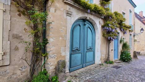 Vista-Exterior-De-La-Casa-De-Piedra-Con-Puerta-Azul-Y-Algunas-Plantas,-Le-Mans,-Francia